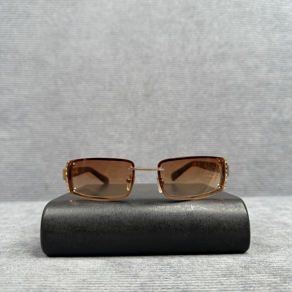 Steve‎ Madden S501 GLD Rimless Rectangular Sunglasses Brown Gradient Y2K Gold